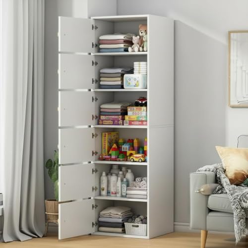 Image of EXVITO Engineered Wood Wardrobe for Bedroom | Foldable 6-Shelf Wooden Storage Cabinet | Cupboard Almirah for Clothes | Collapsible Wardrobe | Digital Heavy PC Game Cabinet - White