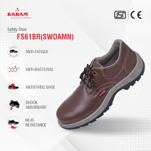 Image of Karam FS61 Brown Leather Safety Shoes for Men | Double Density with Steel Toe | Antistatic, Antislip, Oil & Heat Resistant