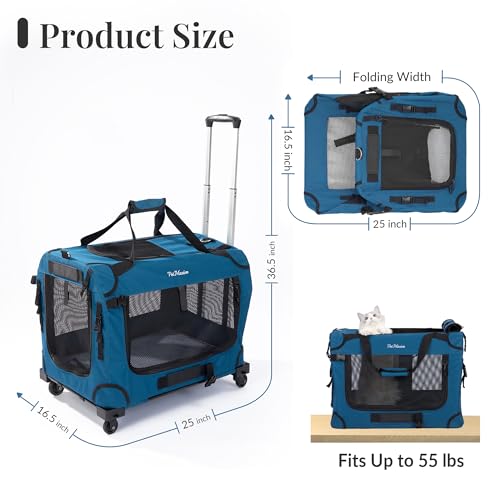 Image of Extra Large Rolling Cat Carrier with Wheels, Soft Sided Pet Dog Carrier on Wheels for Big Cat 20lbs+ 2 Cats, Car Travel Portable XL Wheeled Bag 25 inchx16.5 inchx20.5 inch