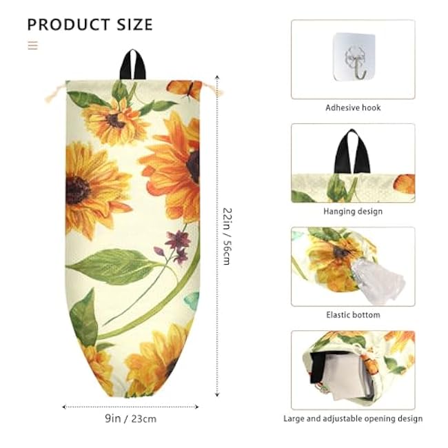 YETTASBIN Sunflower Plastic Bag Holder, Reusable Grocery Bag Holder Versatile Wall Mount Storage Bag Dispenser with Drawstring for Home Kitchen Decor 1 Pack