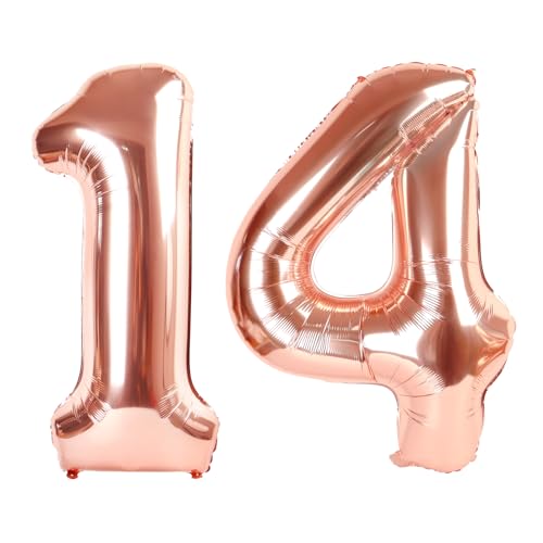 Image of 14 Balloon 40 inch Rose Gold Number Balloons for 14 41 Birthday Decorations | Saturated Color, Large 40 in, With Straw & Hanging Hole, For Back-to-School Season, Wedding, Christmas, New Year, Anniversary