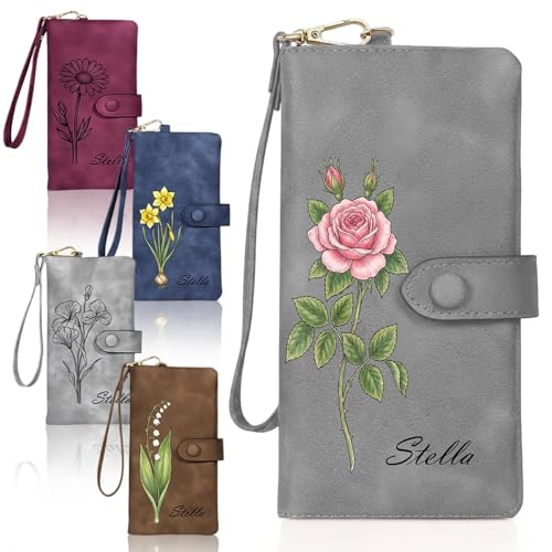 Image of Custom Wallet for Women Personalized Birth Flower & Name Purse Soft Leather Bifold Clutch with Strap Customized Gift for Mom Girlfriend