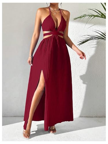 Image of SHENHE Women's Sexy Cut Out Tie Backless Halter Deep V Split Thigh Party Night Maxi Dress
