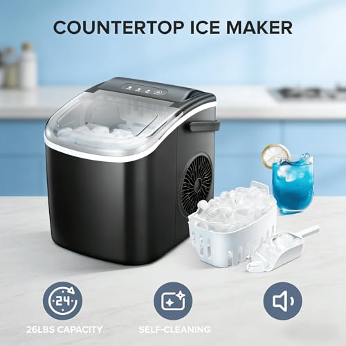 Image of Kndko Countertop Ice Maker, 26.51lbs /24H, Makes 9 Bullet Ice Cubes in 6 Mins, with Self-Cleaning Portable Ice Machine for Home Kitchen Bar Camping, Black
