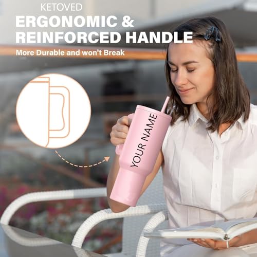 Image of Personalised with Your Name, 1200ml Tumbler with Straw-Handle-Stainless Steel Double Wall Insulated Cup | Leakproof Sipper Mug for Hot-Cold Drinks |Coffee - WaterTumbler (Pink Custom)