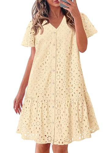 Image of KIRUNDO Eyelet Dresses for Women Button Down Mini Babydoll | 2026 Summer Short Sleeve Boho Sundress, Loose Fit V Neck Short Dress With Pockets, A Line, Cruise Beach Vacation Outfits