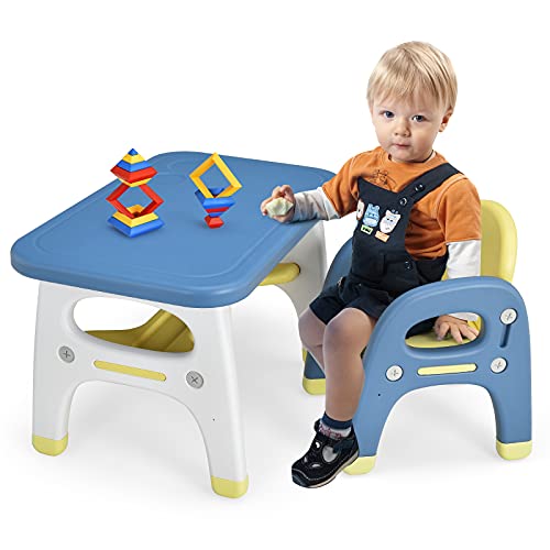 COSTWAY Set Mesa y Silla para Niños con Forma de Dinosaurio, Set Escritorio Actividades Artísticas y Estudio para Niños con Repisa y Bloques, Muebles de Plástico para Niños 1-5 Años (Azul)
