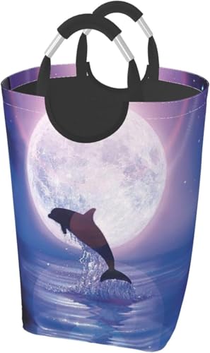 ランドリーバスケット大容量 洗濯かご 防水 月明かりの下でジャンプするイルカのプリント 折りたたみ 収納ランドリーボックス 折り畳み式収納ボックス 取って付き 丸型 キャラクター かわいい 円型