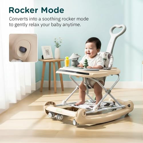 Image of Baybee 3-in-1 Baby Walker for Kids 6 to 18 Months with Rocker Mode, Removable Toy Bar, Adjustable Height, Inbuilt Music, Sunshade & Smooth 360 Wheels | Easy Folding Walker for Boys & Girls (Beige)