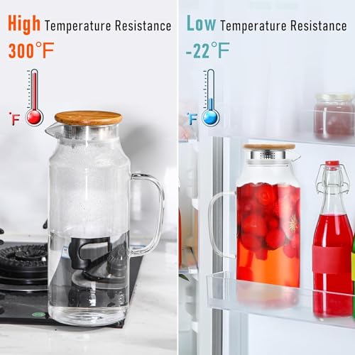 Image of Bellemax Premium Glass Water. Jug - 1.8 LTR, Transparent, Hot Cold Water Glass Pitcher with Wooden Lid Water Jug, Iced Tea, Milk and Juice Beverage Carafe, Lemon JugS 1800ML (TM-14)
