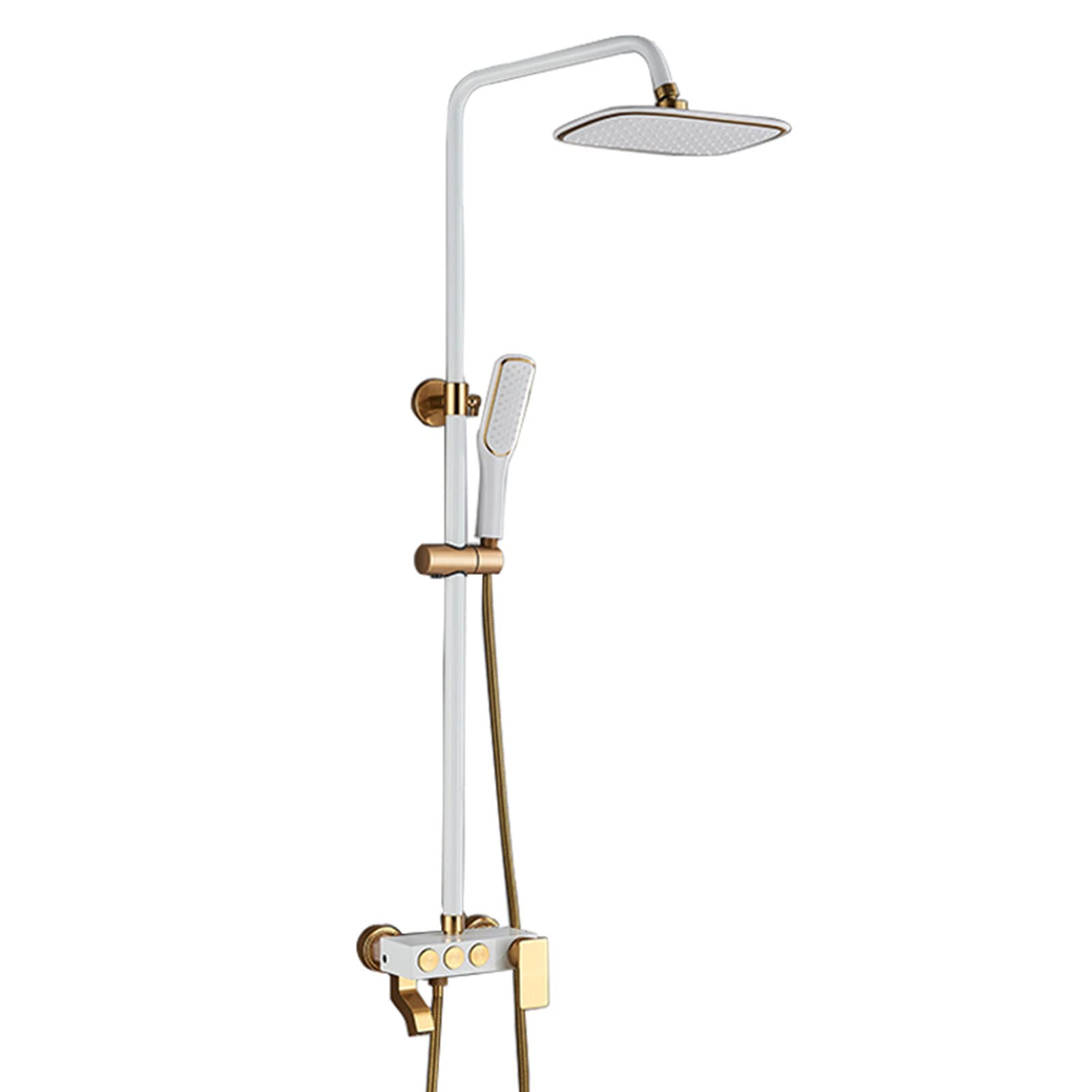 CWCQGH Exposed Shower Mixer, White Golden Bath Shower Faucet, Rainfall Shower Head, Hand Shower, Swivel Bathtub Spout, Wall Mounted Shower System