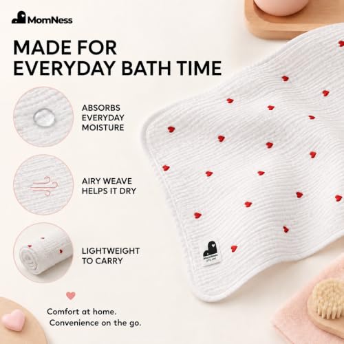 Image of 100% Cotton Muslin Baby Bath Towel, 110 x 55 cm, Crinkle Muslin, 0-3 Years, Heart