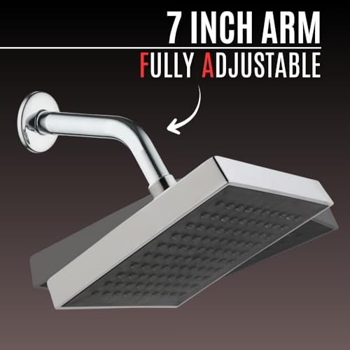 Image of Houza Square Design Bathroom Shower Head - 6x6 Inch, Adjustable Angle with 7-Inch Arm, Chrome Finish, Rust-Proof & Simple Setup