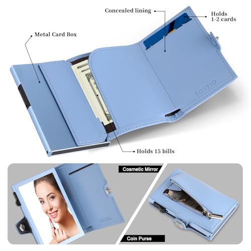 Image of Pop Up RFID Wallet Women, Small Wallet for Women Compatible with Airtag, Tri-fold Genuine Leather Wallet Women with Mirror, Zp-Blue, Business Casual Style