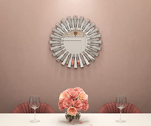 Shyfoy 24 Inch Wall Mirrors Decorative Round Sunburst Mirror For Wall Decor Modern Silver Glass, Wall-Mounted Beveled Hanging Circle Accents Mirror For Living Room Bathroom Bedroom Fireplace #TOP6