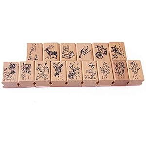 Co-link 15Pcs Hout Rubber Stempel Diy Dagboek Scrapbook Stempel Set Dieren En Planten Bos Patronen Houten Rubber…