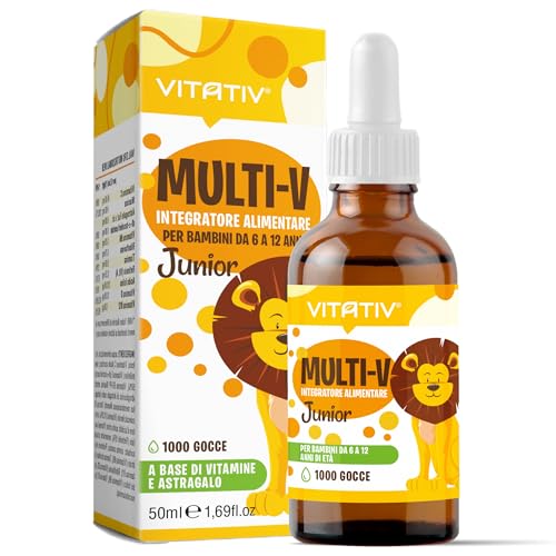 VITATIV® MULTI-V Junior | Integratore Multivitaminico per Bambini in Gocce 50ml con Astragalo Vitamina C, A, Vitamine del gruppo B, D, Tiamina, B12, Acido Folico