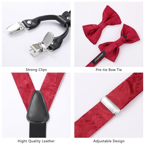Image of HISDERN Suspenders for Men Paisley Floral Bow tie Suspender Pocket Square Sets Adjustable Y Shape 6 Clips Wedding Braces