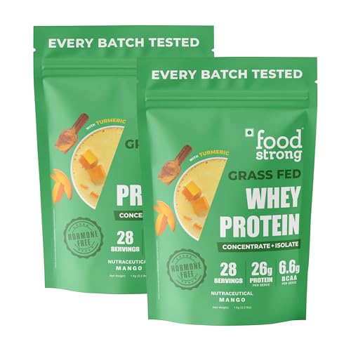 Image of Foodstrong Whey Protein Powder (Concentrate + Isolate), 100% Hormone Free Grass-Fed Whey, 24G Protein & 6.6G BCAA, Mango, With Turmeric & Digestive Enzymes, 1KG (Pack of 2)