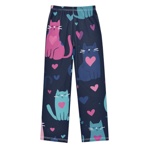 Colorful Cat Love Boys Long Pants Soft Trousers Elastic Waist Kids Lounge Bottoms with Pockets S-XL