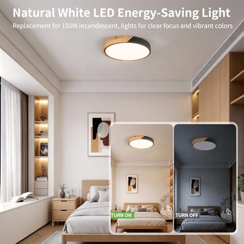 Image of 11.8 Inch Wood LED Flush Mount Ceiling Light 4500K, Black