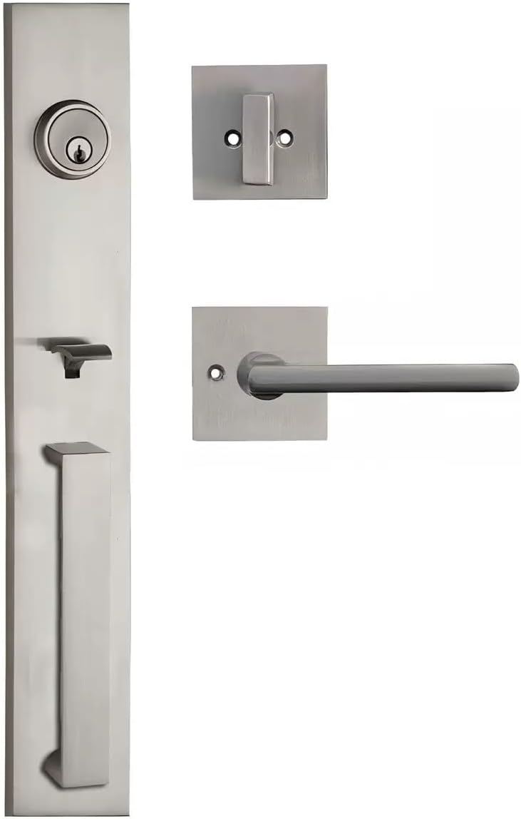SUYA Front Door Handle Set，Single Cylinder Deadbolt Lock Set with Door Handle,Reversible for Right & Left,Entrance or Exterior,Satin Nickel Finish