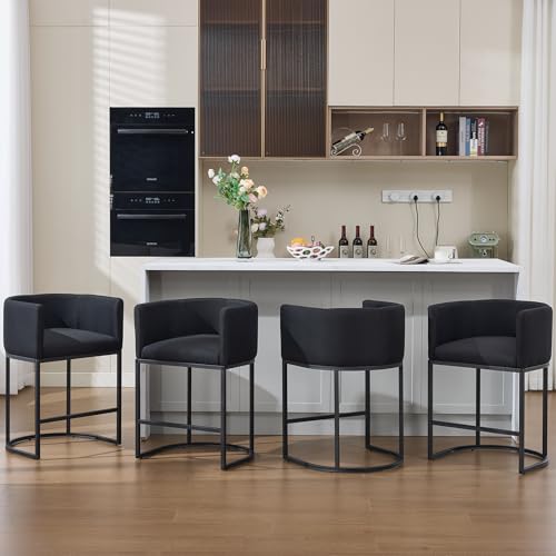 Image of Canxkun Counter Height Bar Stools Set of 4, 25" H Modern Barstools with Backrest, Barrel Counter Stools with Metal Frames, Linen Fabric Upholstered Bar Stool for Kitchen Island, Pub, Cafe (Black)