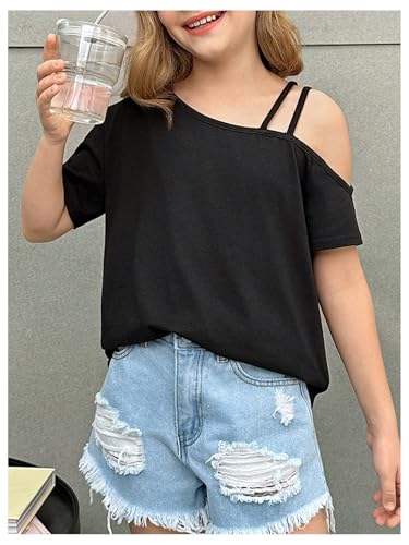 OYOANGLE Girl's Asymmetrical Neck Short Sleeve Tshirts Summer Trendy One Shoulder Tops2