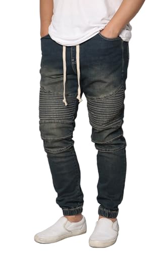 URBANJ Men's Washed Biker Denim Jogger Pants Size S-5XL