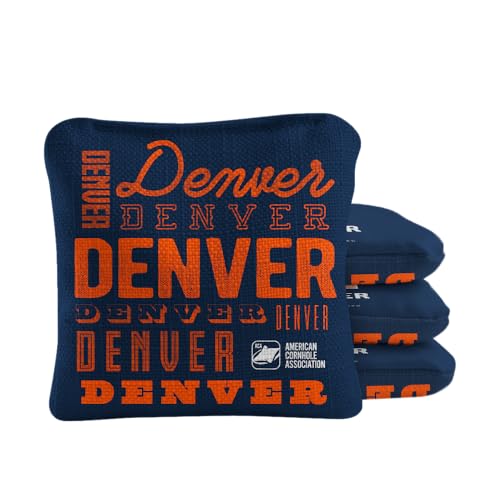 ACA Synergy Pro Dual Sided Cornhole Bags | Denver Navy Blue Design | Set of (4) All-Weather Resin Filled Stick & Slide Corn Hole Bags