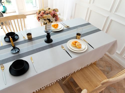 Laolitou-Rustic-Tablecloth-Cotton-Linen-Waterproof-Tablecloths-Burlap-Table-Cloths-for-Kitchen-Dining-Cloth-Table-Cloth-for-Rectangle-Tables-Light-Grey-Stripes-Rectangle55x704-6-Seats Laolitou Rustic Tablecloth Cotton Linen Waterproof Tablecloths Burlap Table Cloths for Kitchen Dining Cloth Table Cloth for Rectangle Tables Light Grey Stripes Rectangle55x704 6 Seats