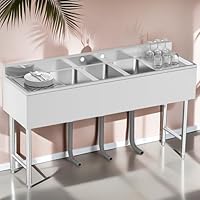 YITAHOME Commercial Kitchen Bar Sink 3 Compartment Stainless Steel with Double Drainboard, NSF Prep Freestanding Large Utility Underbar Sink for Restaurant 60 x 19 x 32in