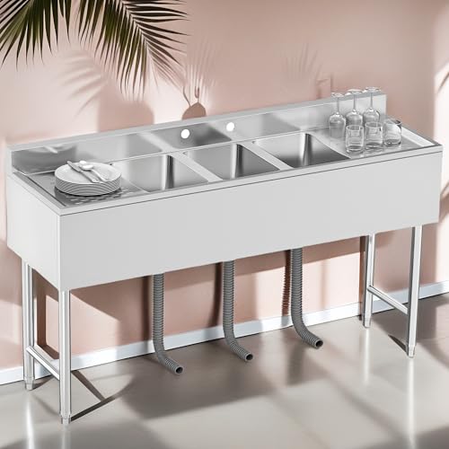 YITAHOME Commercial Kitchen Bar Sink 3 Compartment Stainless Steel with Double Drainboard, NSF Prep Freestanding Large Utility Underbar Sink for Restaurant 60 x 19 x 32in