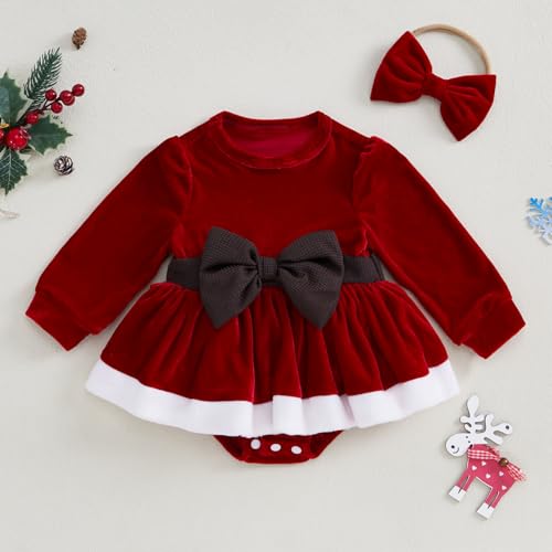 Baby Girl Christmas Outfit Bow Velvet Long Sleeve Romper Dress Newborn Infant Baby Girls Fall Winter Clothes (Red White, 0-3 Months)2
