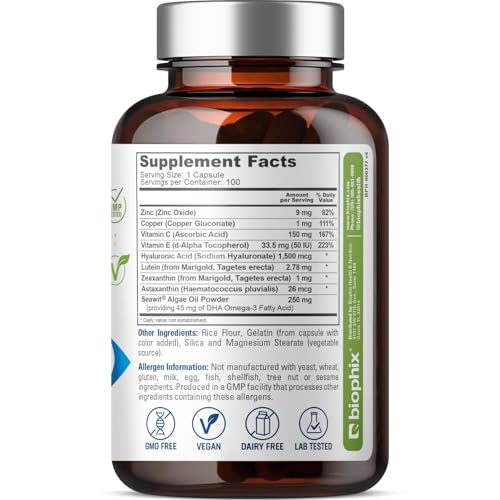 biophix Retinal Support Maximum Strength Complex Formula 100 Capsules - Zinc Vitamin C E Lutein DHA Omega-3 Astaxanthin Hyaluronic Acid - Supports Eye Vision Health