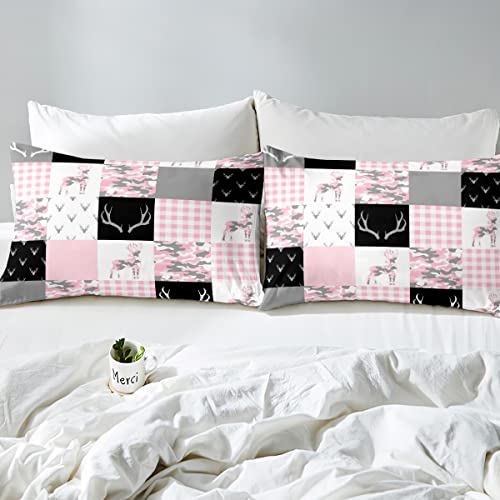 Manfei Pink Camouflage Fitted Sheet Queen Size, Wild Animal Deer Antlers Print Bed Cover With 2 Pillowcases, Pink Black White Grid Plaid Camo Print Bedding Set 3Pcs For Kids Girls Room Decor #TOP3
