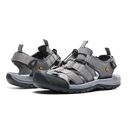 Men's Hiking Sandals Closed Toe Adjustable Outdoor Sport Water Shoes for Athletic Fisherman Beach Walking - GREY - 10