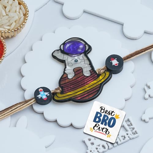 Image of eCraftIndia Cute Cartoon Style Astronaut Rakhi for Kids Girls Boys with Best Bro Ever Fridge Magnet | Raksha Bandhan Kids Rakhi for Brother Bhaiya Bhai | Roli Chawal Pack