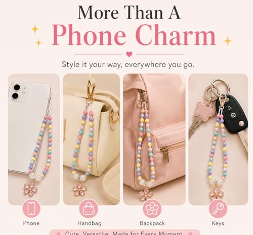 Image of Handmade Beaded Phone Charm Strap for Women & Girls | Aesthetic Mobile Charm | Pearl & Crystal Bead Wrist Strap | Cute Phone Bag Accessory | Korean Style