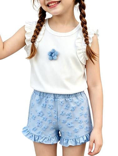 Image of Ayzozuy Kid Girl Clothes Shorts Set 2 Piece Outfits Summer Casual Short Sleeve Top and Shorts Set for Girls 4-7