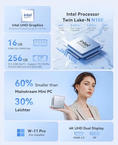 Essenx E2 Mini PC Twin Lake N150 (Meglio di N100/N97,3,6 GHz) W-11 Pro,16GB DDR4 256GB M.2 SSD Mini Computer Desktop 4K@60Hz Dual Display,HDMI 2.0, DP, WiFi,BT, Micro PC per Scuola, Ufficio - PC Desktop - Immagine 2