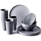 Youngever 18-Piece Plastic Kitchen Dinnerware Set, Plates, Dishes, Bowls, Cups, Service for 6 (Dark...