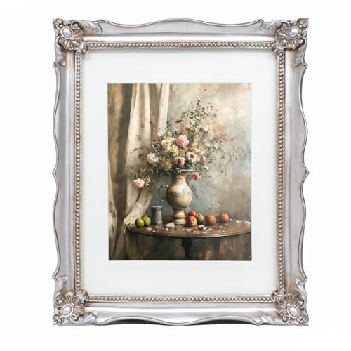 Image of Saysmile 11x14 Vintage Picture Frame with Embossed Flower Design, Silver Ornate Frame for 11x14 or 8x10 Pictures with White Mat, Hand-Crafted Resin Antique Baroque Frames with Hook for Wall Mounting Display(Silver)