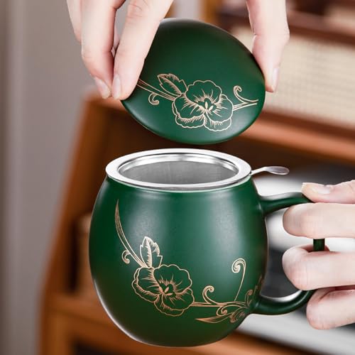 Image of Yundu 12 OZ Ceramic Mug with Lid & Tea Strainer - Matte Green Tea Cup with Golden Flower, Stainless Steel Infuser for Loose Leaf Tea