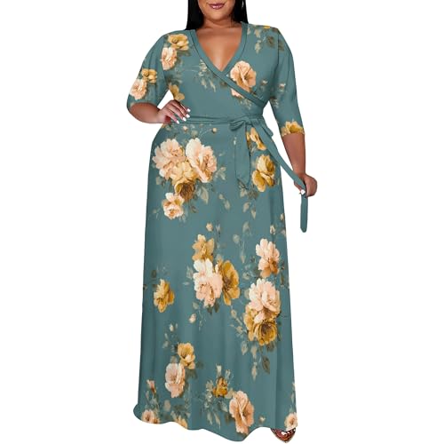 Image of SUZONANA Plus Size Maxi Dresses for Curcy Women Casual Loose 3 /4 Sleeve Long Dress with Belt