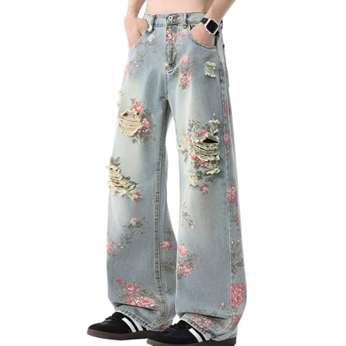 Vintage Cute High Waisted Straight Leg Jeans Casual Y2K Flower Printed Fringe Ripped Streetwear Denim Pants