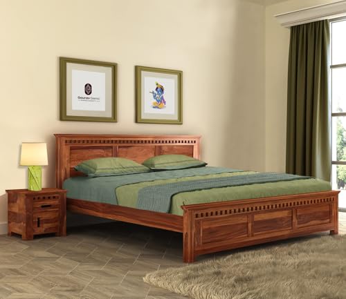 Image of Sheesham Wood King Size Bed Without Storage | Wooden Bed King Size Double Cot Palang Bed for Bedroom | Kuber Design Headboard Bed for Living Room | Honey Finish
