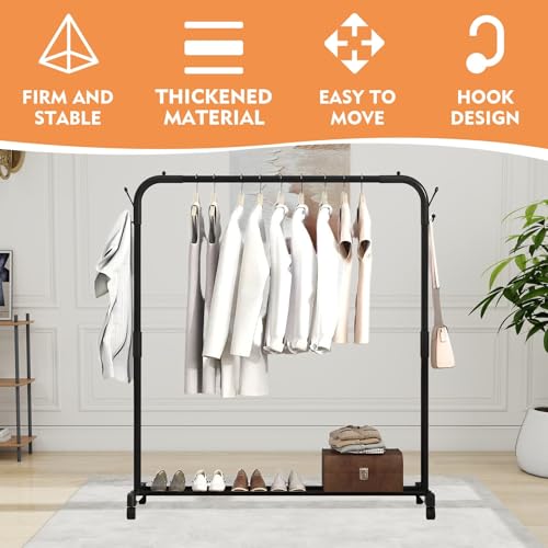 Clothes Rail with Wheels Heavy Duty Clothes Rail, Portable Metal Clothing Rail with Shoe Rack and Hook, Movable Clothes Rack for Bedroom Closet Laundry Room Store - Image 2