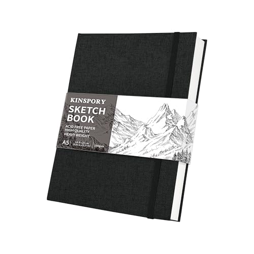 KINSPORY Hardcover Cloth Sketchbook Sketch Pad 100 Pages (50 Sheets) 150gsm Professional Perforated Sketch Paper Travel Drawing Pad for Artists Adult Teens (Black A5)