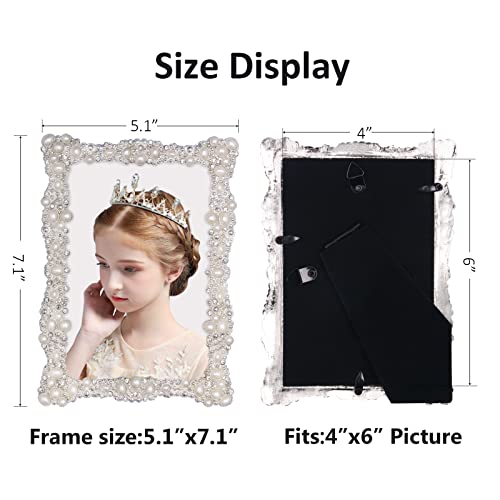 4X6 Pearl Picture Frame With Crystal For Wedding, Silver Plated With High Definition Glass Photo Frames With Rhinestones Horizontal And Vertical Decor Tabletop Display (Real Glass) #TOP2